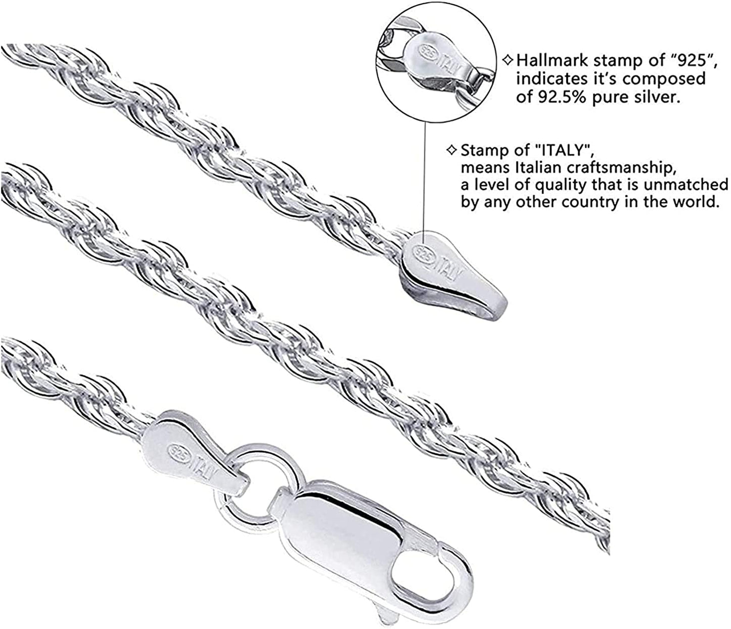 Savlano 925 Sterling Silver 4mm 18 Inches Solid Italian Rope Diamond Cut Twist Link Chain Necklace with Gift Box for Men & Women - Made in Italy 22.5 Grams
