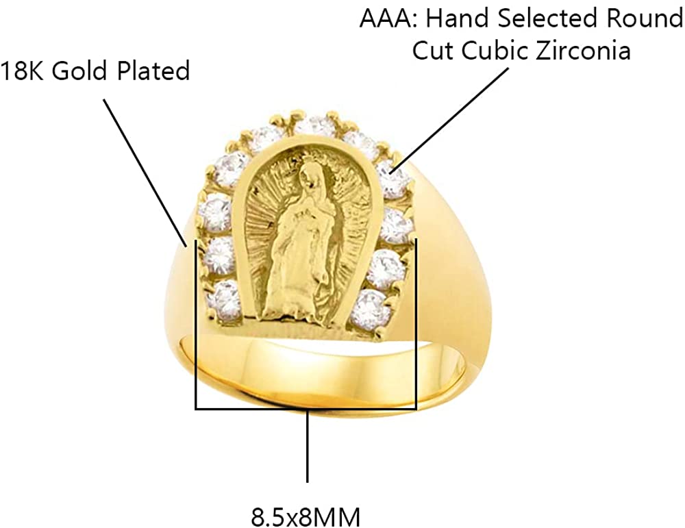 18K Yellow Gold Plated Horseshoe Lady of Guadalupe Virgin Mary with Round Cut Cubic Zirconia Women's Girl's Religious Ring