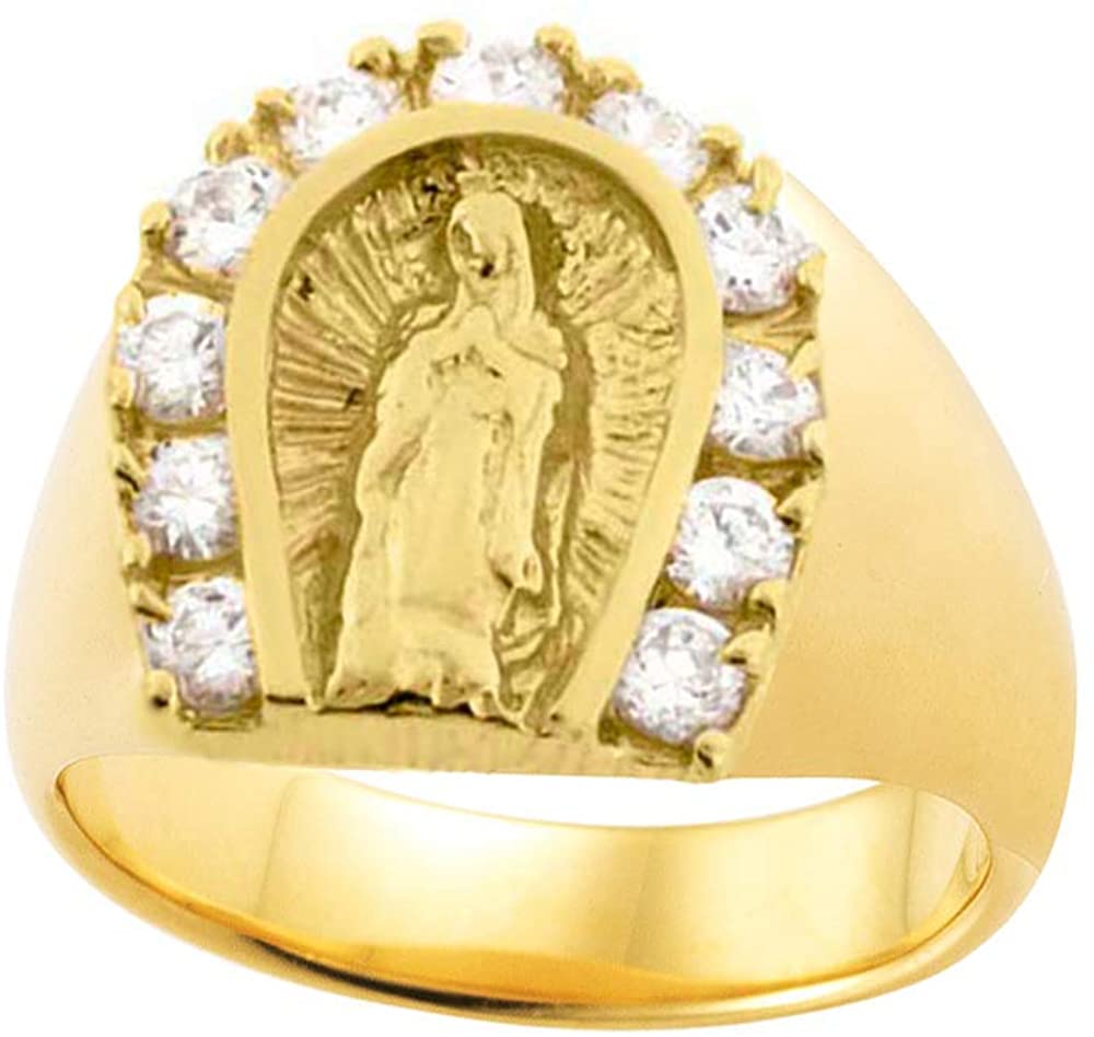 18K Yellow Gold Plated Horseshoe Lady of Guadalupe Virgin Mary with Round Cut Cubic Zirconia Women's Girl's Religious Ring